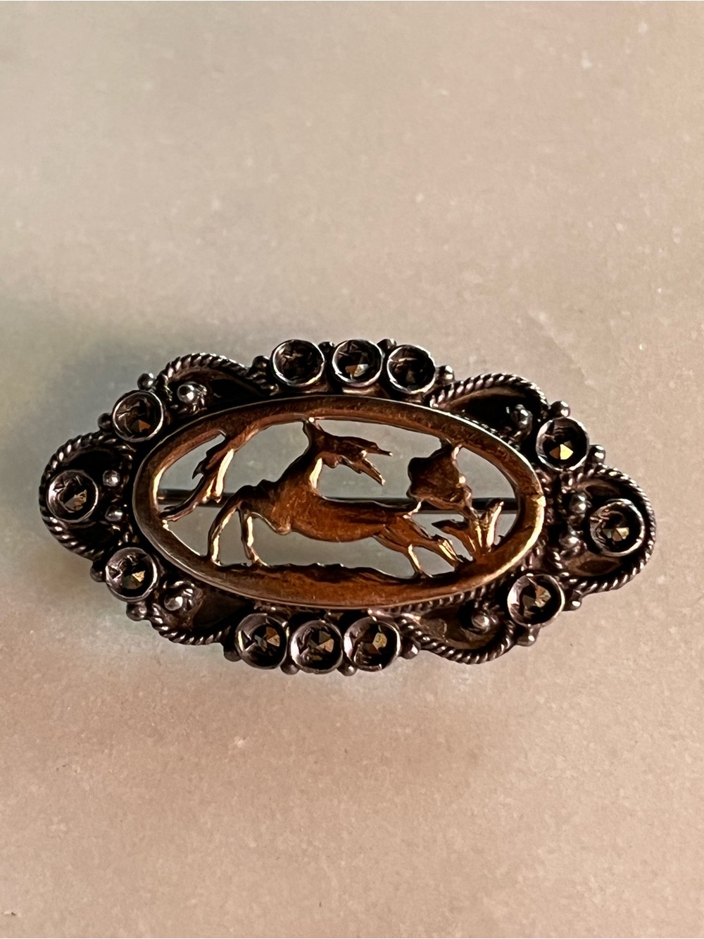 Vintage 900 Sterling Silver Marcasite Leaping Deer Brooch Pin Two Tone 4.4g 1.5”